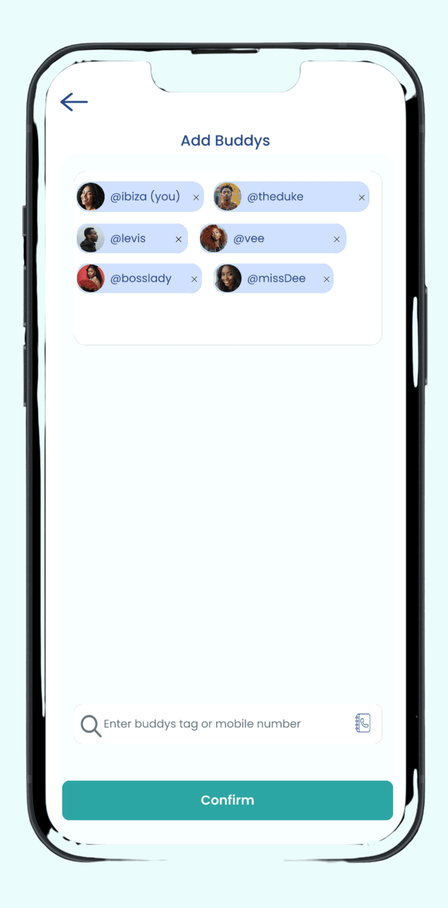 BillBuddys Add Buddys Screen