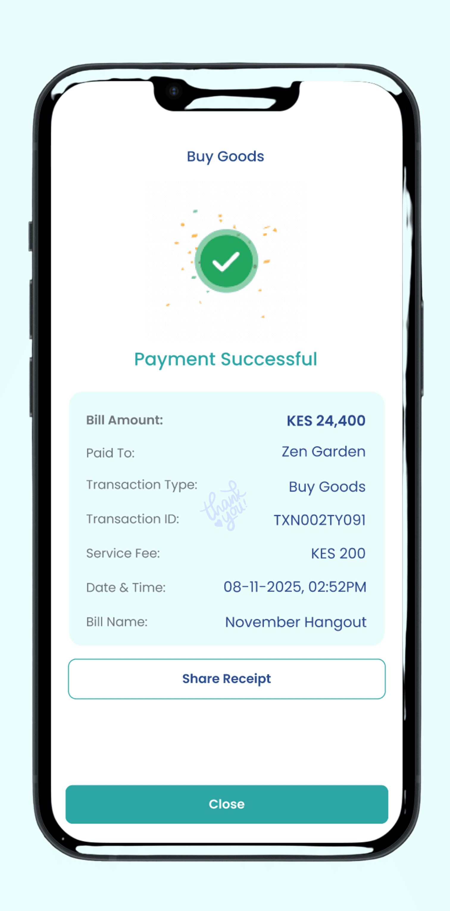 BillBuddys Settlement Success Screen
